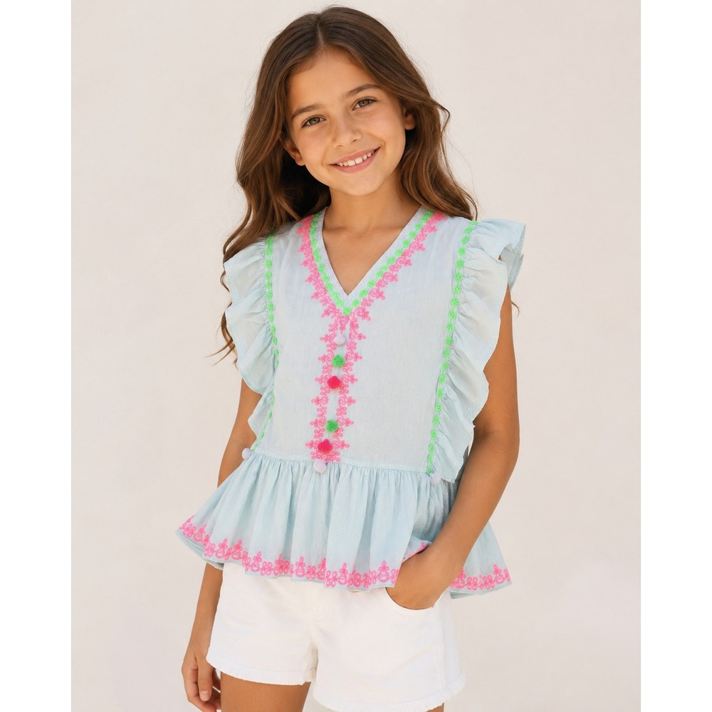 Kiwi Saint Tropez Mint Neon Embroidered Tassel Top Size 6/8 Boho Resort Beachy